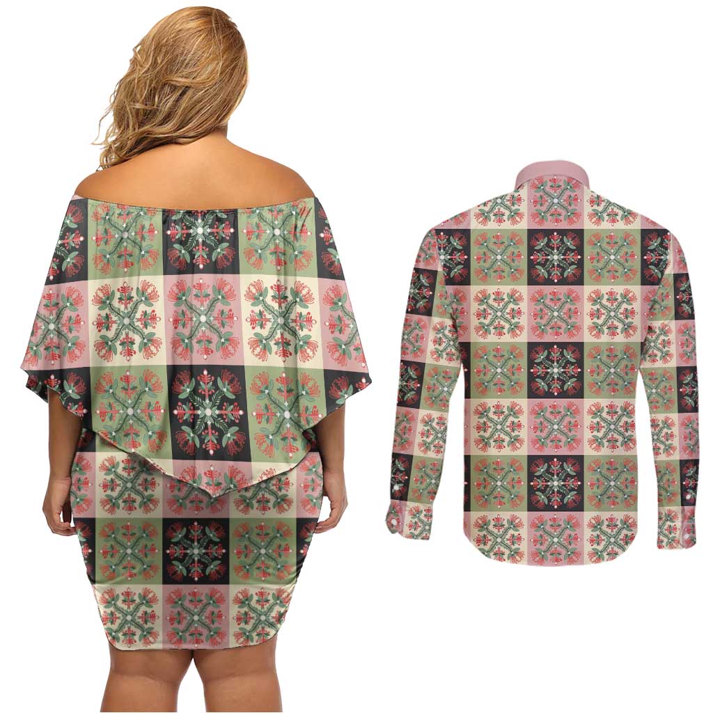 Seamless Pattern Pikake Lei Couples Matching Off Shoulder Short Dress and Long Sleeve Button Shirt Floral Squares Pikake - Polynesian Pride