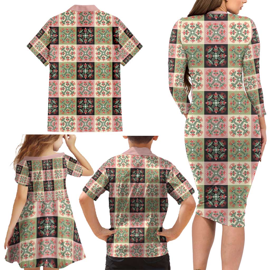 Seamless Pattern Pikake Lei Family Matching Long Sleeve Bodycon Dress and Hawaiian Shirt Floral Squares Pikake - Polynesian Pride