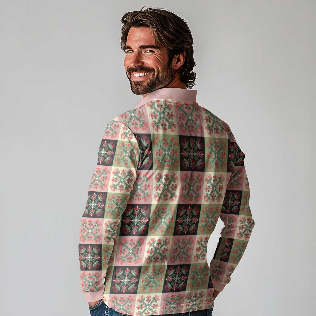 Seamless Pattern Pikake Lei Long Sleeve Polo Shirt Floral Squares Pikake - Polynesian Pride