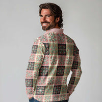 Seamless Pattern Pikake Lei Long Sleeve Polo Shirt Floral Squares Pikake - Polynesian Pride