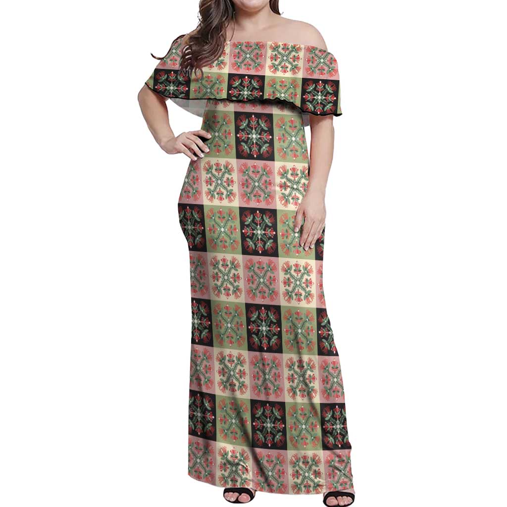Seamless Pattern Pikake Lei Off Shoulder Maxi Dress Floral Squares Pikake LT9 Women Pink - Polynesian Pride