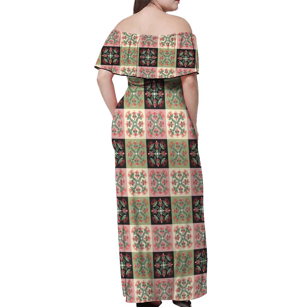 Seamless Pattern Pikake Lei Off Shoulder Maxi Dress Floral Squares Pikake LT9 - Polynesian Pride