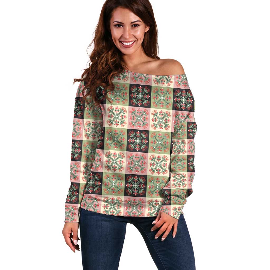 Seamless Pattern Pikake Lei Off Shoulder Sweater Floral Squares Pikake - Polynesian Pride