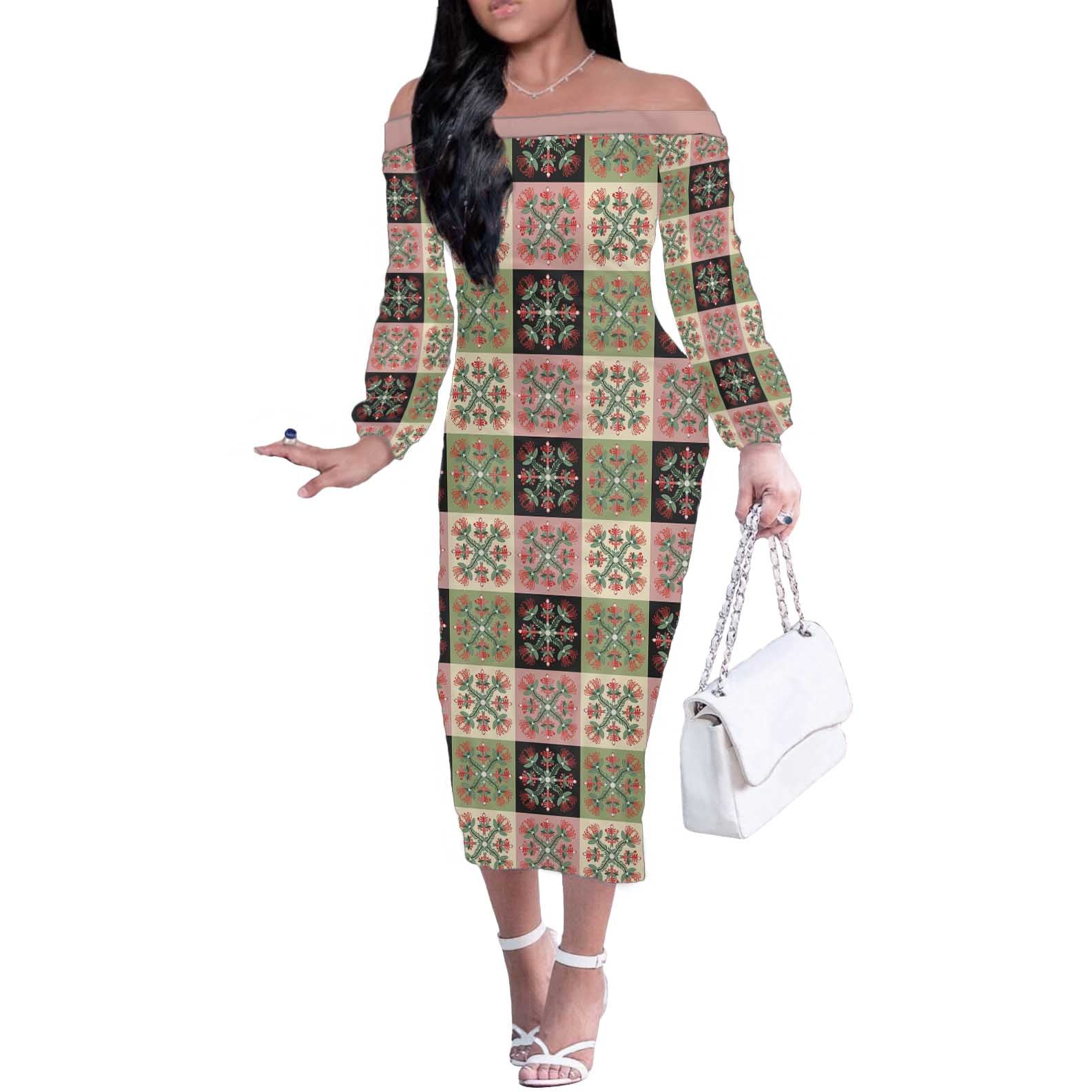 Seamless Pattern Pikake Lei Off The Shoulder Long Sleeve Dress Floral Squares Pikake LT9 Women Pink - Polynesian Pride