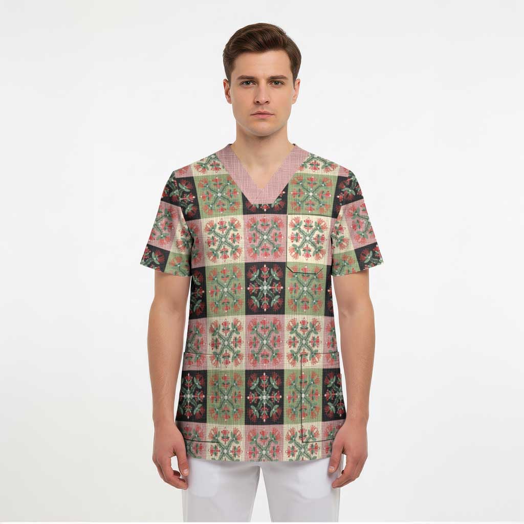 Seamless Pattern Pikake Lei Scrub Top Floral Squares Pikake - Polynesian Pride