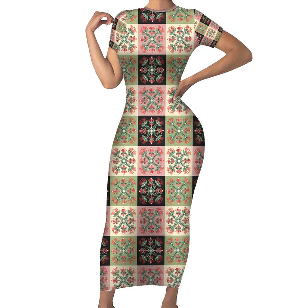 Seamless Pattern Pikake Lei Short Sleeve Bodycon Dress Floral Squares Pikake LT9 Long Dress Pink - Polynesian Pride