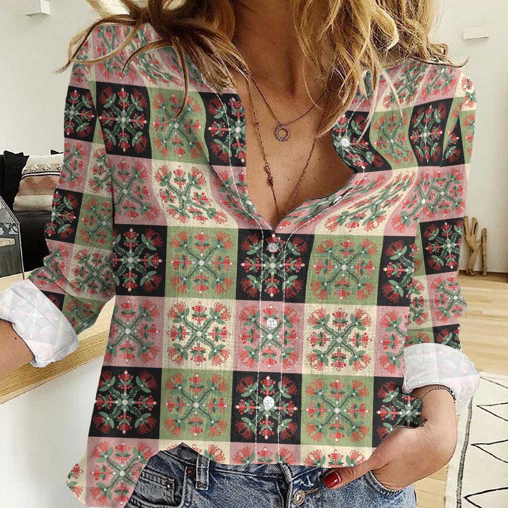 Seamless Pattern Pikake Lei Women Casual Shirt Floral Squares Pikake LT9 Female Pink - Polynesian Pride