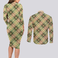 Seamless Pattern Puakenikeni and Kalo Couples Matching Long Sleeve Bodycon Dress and Long Sleeve Button Shirt - Polynesian Pride