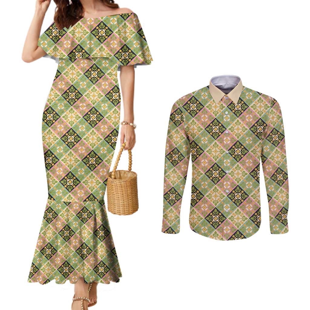 Seamless Pattern Puakenikeni and Kalo Couples Matching Mermaid Dress and Long Sleeve Button Shirt - Polynesian Pride