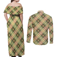 Seamless Pattern Puakenikeni and Kalo Couples Matching Off Shoulder Maxi Dress and Long Sleeve Button Shirt - Polynesian Pride