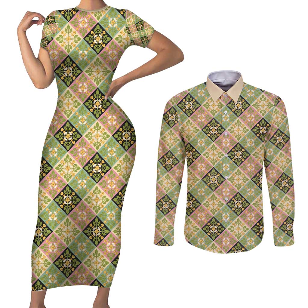 Seamless Pattern Puakenikeni and Kalo Couples Matching Short Sleeve Bodycon Dress and Long Sleeve Button Shirt - Polynesian Pride