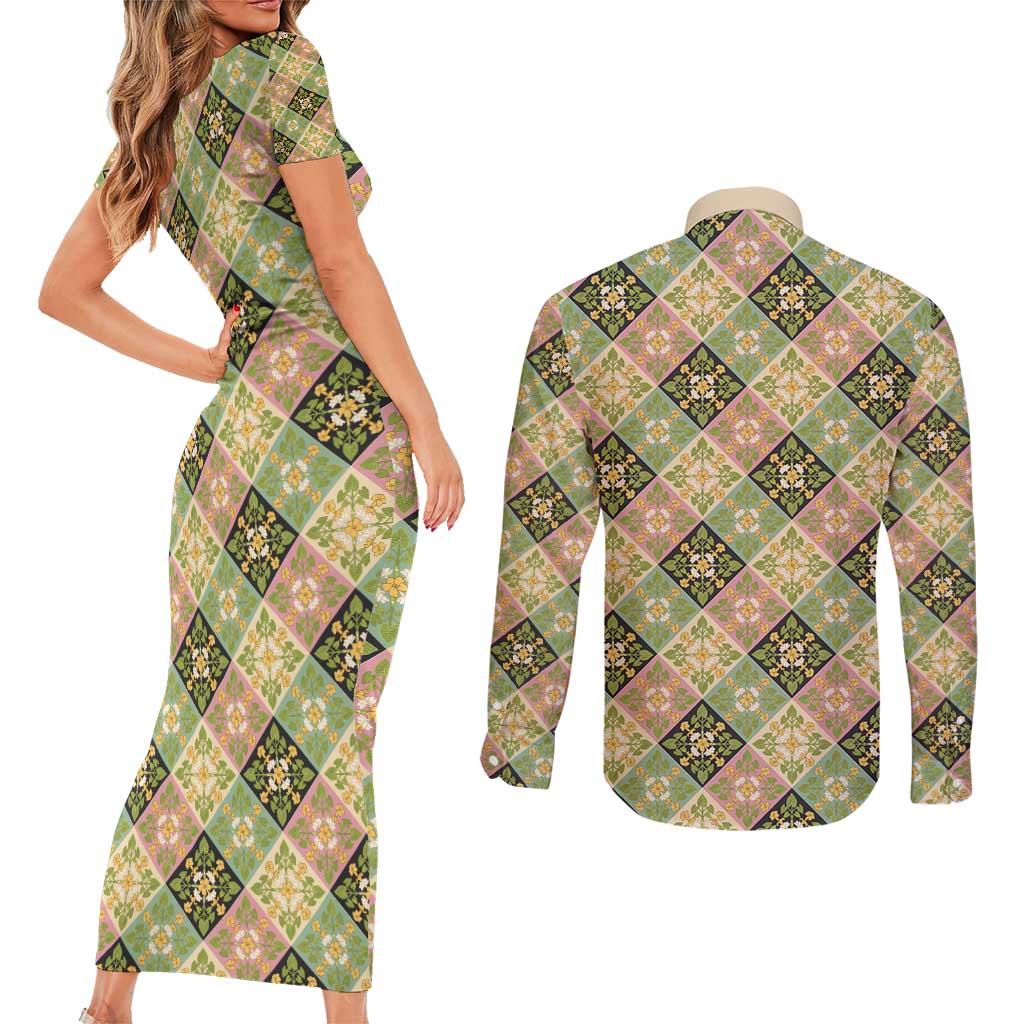 Seamless Pattern Puakenikeni and Kalo Couples Matching Short Sleeve Bodycon Dress and Long Sleeve Button Shirt - Polynesian Pride