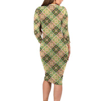 Seamless Pattern Puakenikeni and Kalo Family Matching Long Sleeve Bodycon Dress and Hawaiian Shirt - Polynesian Pride