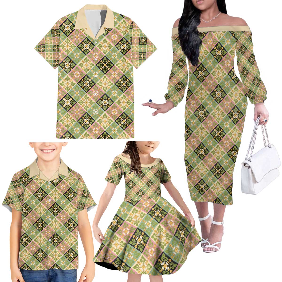 Seamless Pattern Puakenikeni and Kalo Family Matching Off The Shoulder Long Sleeve Dress and Hawaiian Shirt - Polynesian Pride