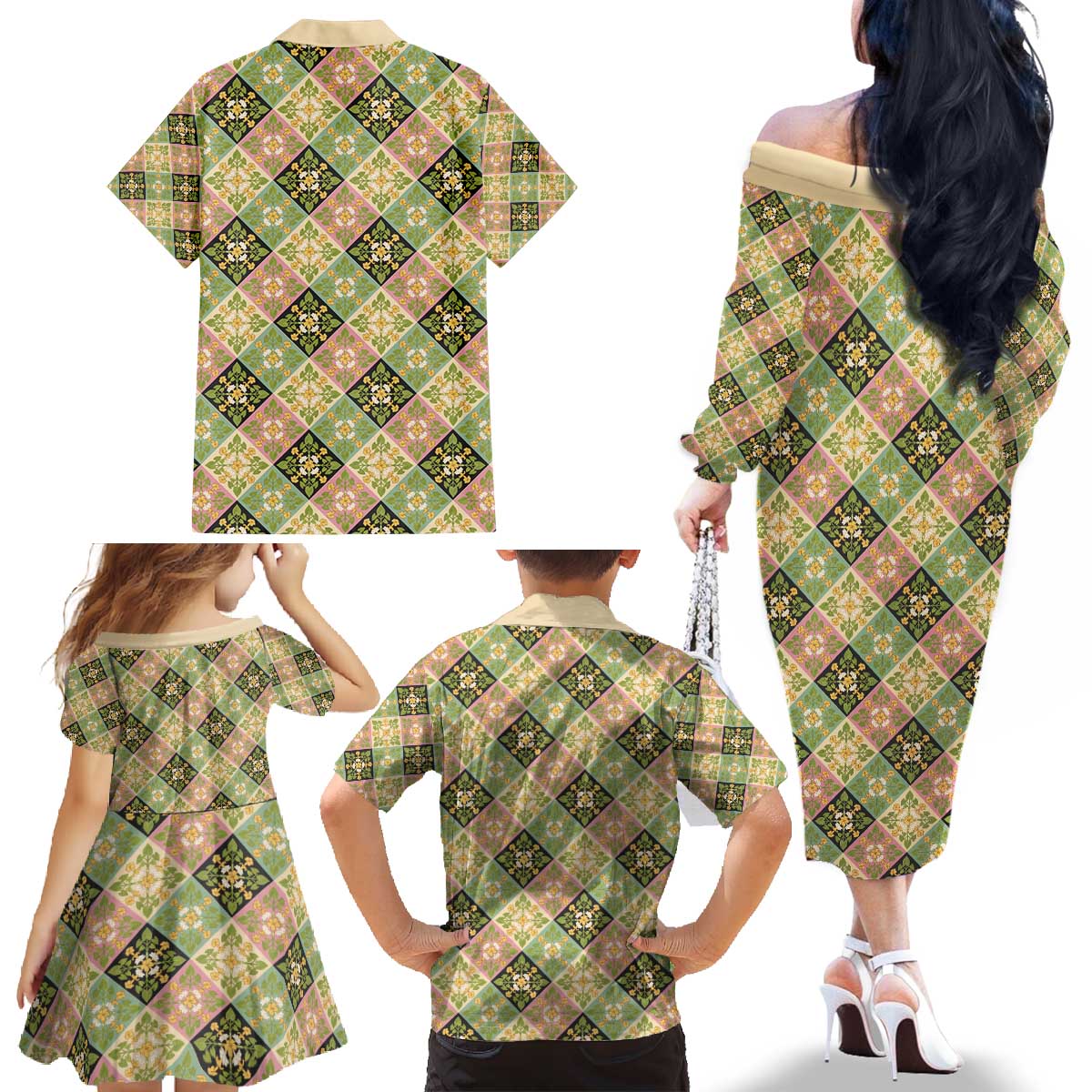 Seamless Pattern Puakenikeni and Kalo Family Matching Off The Shoulder Long Sleeve Dress and Hawaiian Shirt - Polynesian Pride