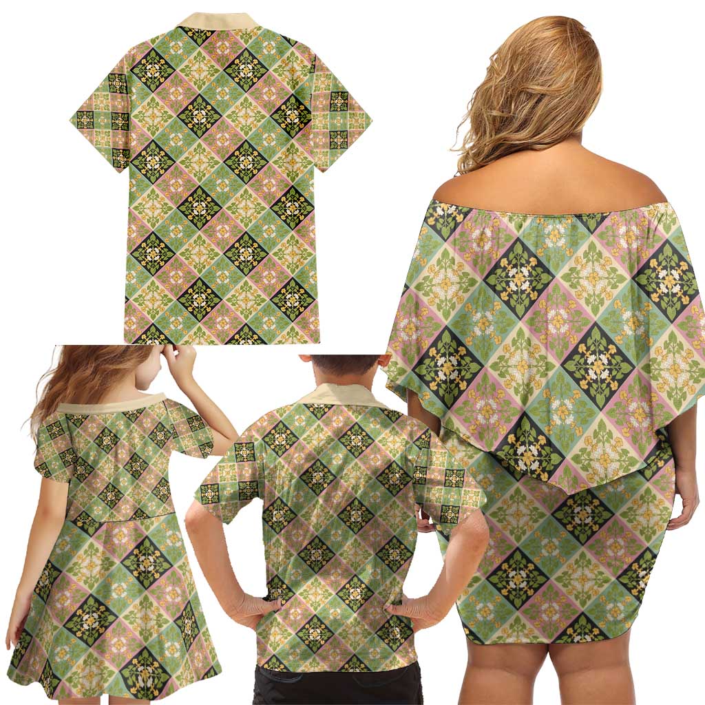 Seamless Pattern Puakenikeni and Kalo Family Matching Off Shoulder Short Dress and Hawaiian Shirt - Polynesian Pride