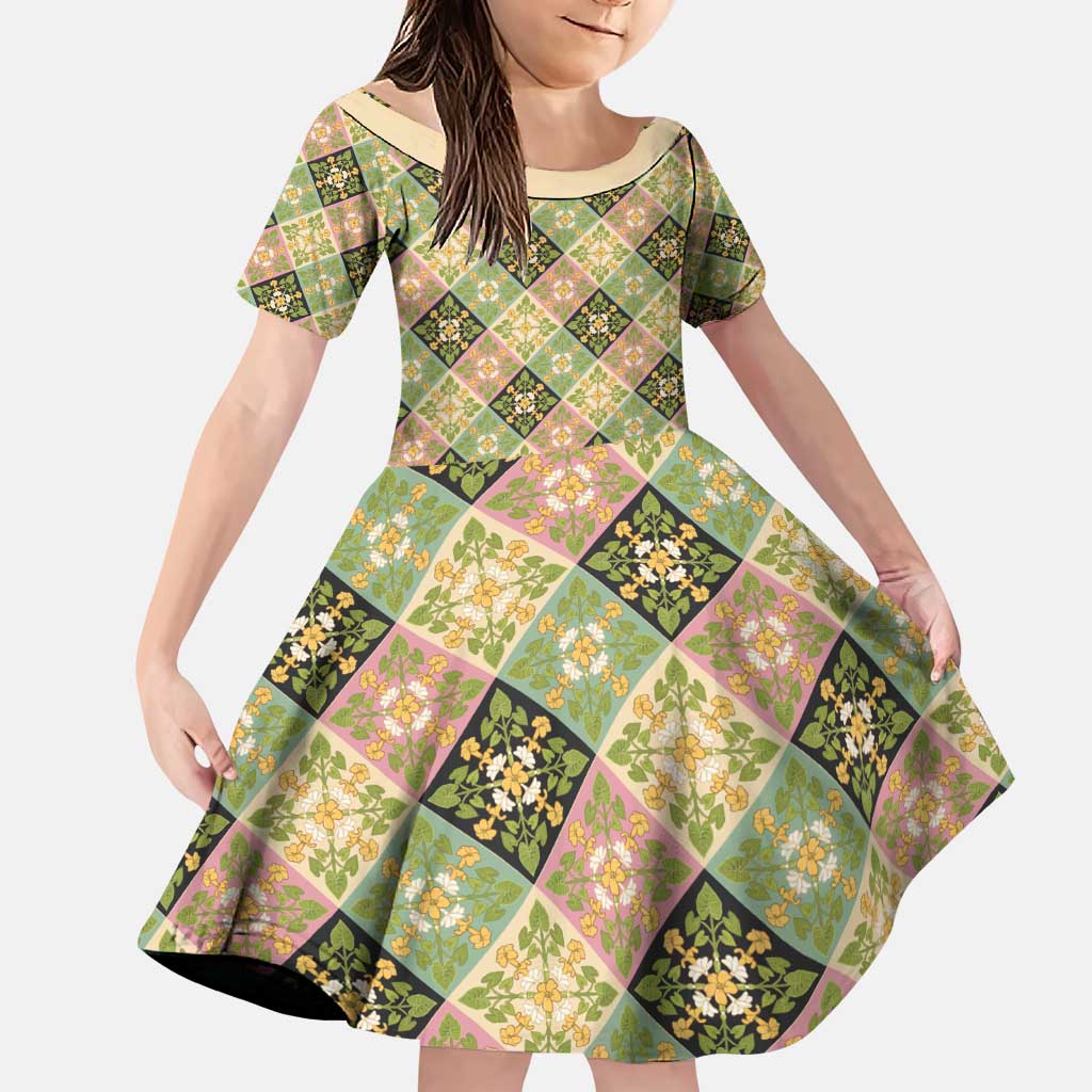 Seamless Pattern Puakenikeni and Kalo Family Matching Puletasi and Hawaiian Shirt LT9 Daughter's Dress Beige - Polynesian Pride