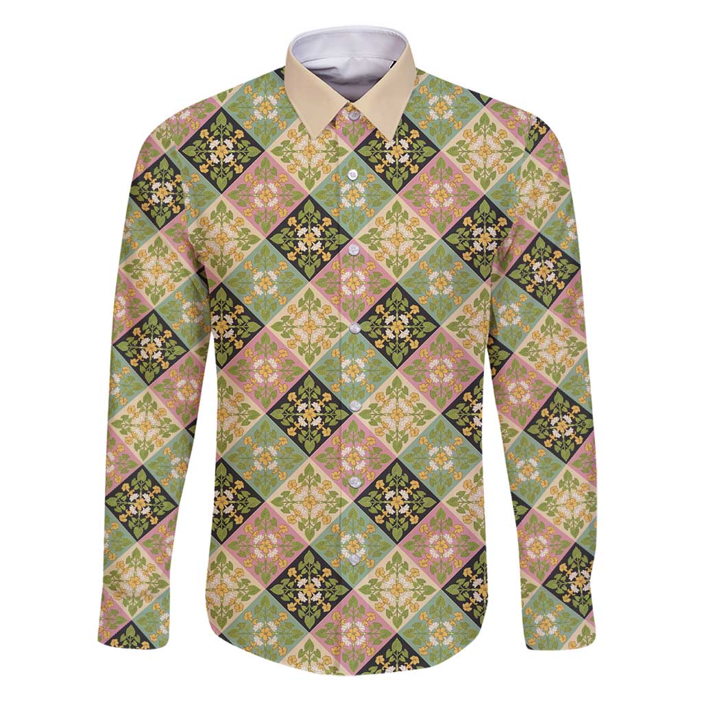 Seamless Pattern Puakenikeni and Kalo Family Matching Puletasi and Hawaiian Shirt LT9 Dad's Shirt - Long Sleeve Beige - Polynesian Pride