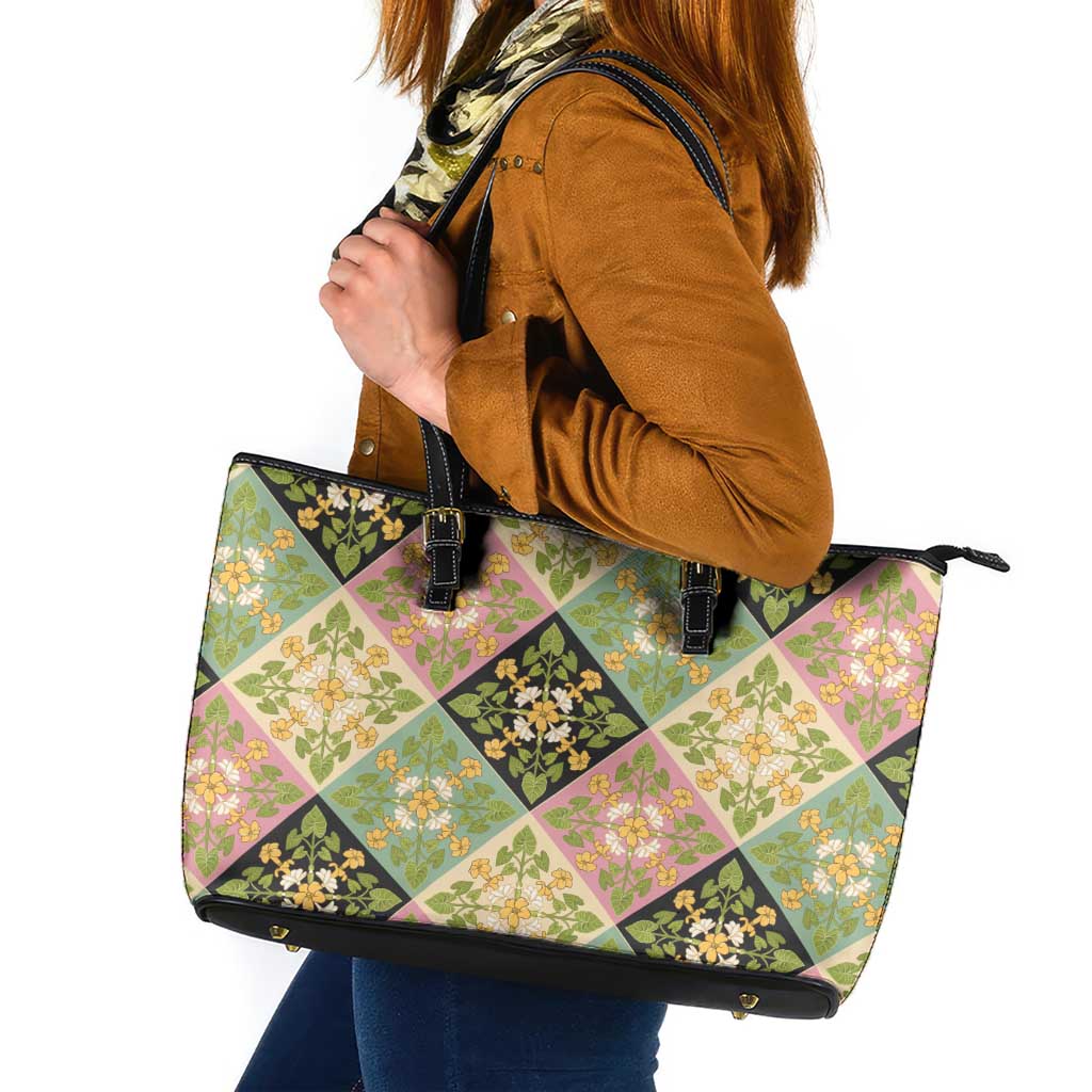 Seamless Pattern Puakenikeni and Kalo Leather Tote Bag LT9 Beige - Polynesian Pride