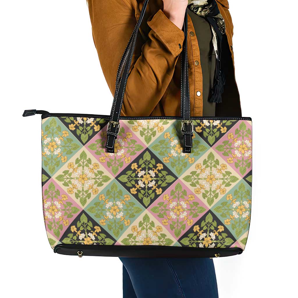 Seamless Pattern Puakenikeni and Kalo Leather Tote Bag LT9 - Polynesian Pride