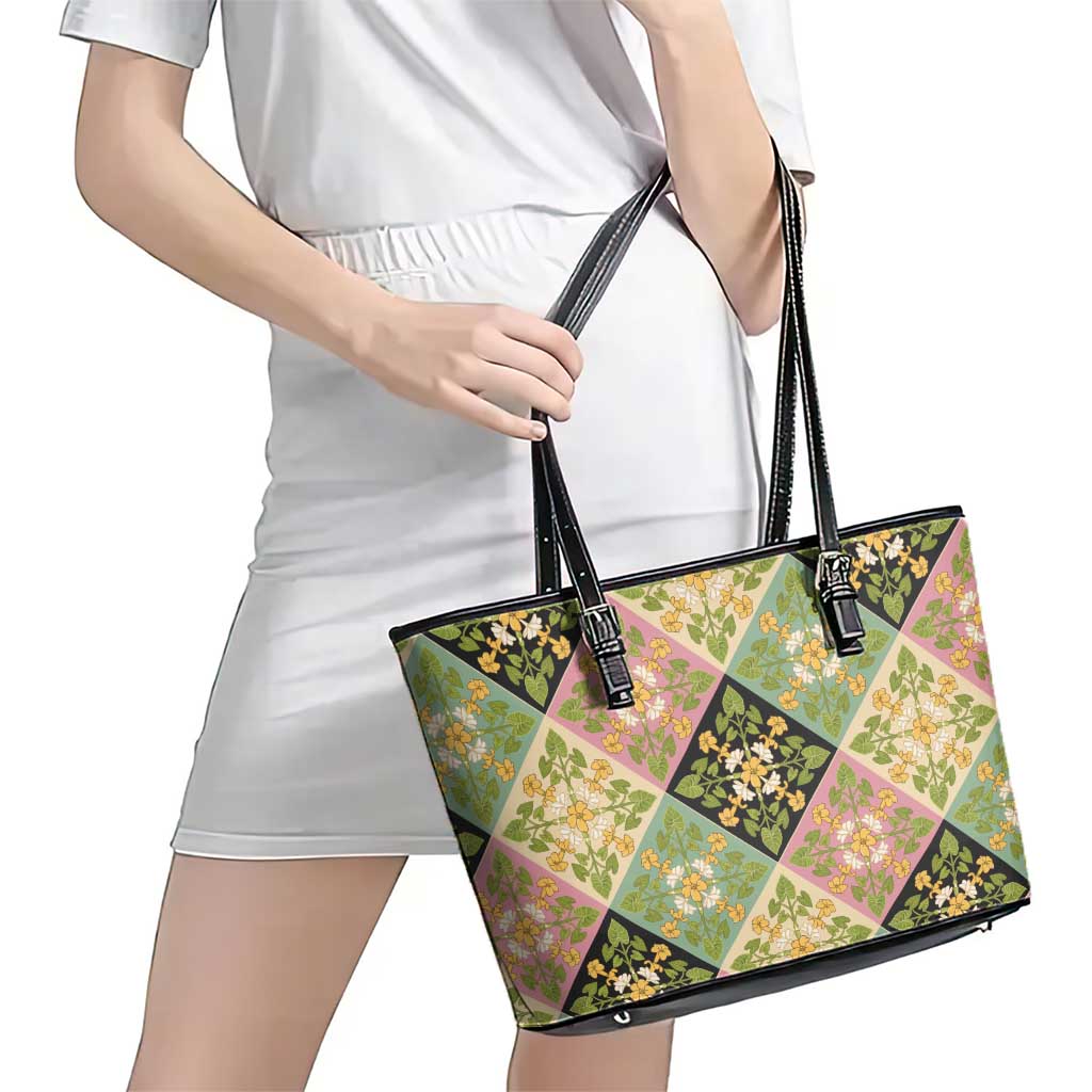 Seamless Pattern Puakenikeni and Kalo Leather Tote Bag LT9 - Polynesian Pride