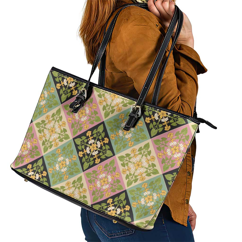 Seamless Pattern Puakenikeni and Kalo Leather Tote Bag LT9 - Polynesian Pride