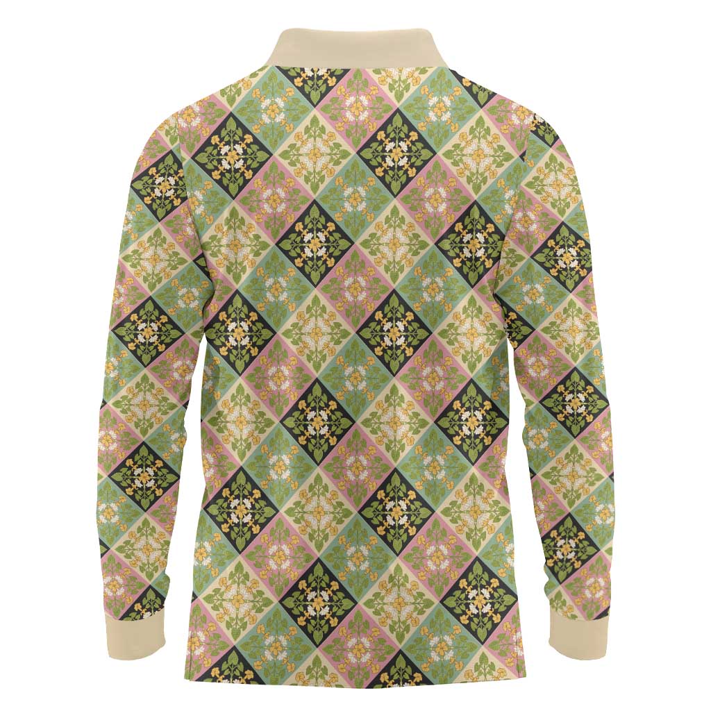 Seamless Pattern Puakenikeni and Kalo Long Sleeve Polo Shirt LT9 - Polynesian Pride