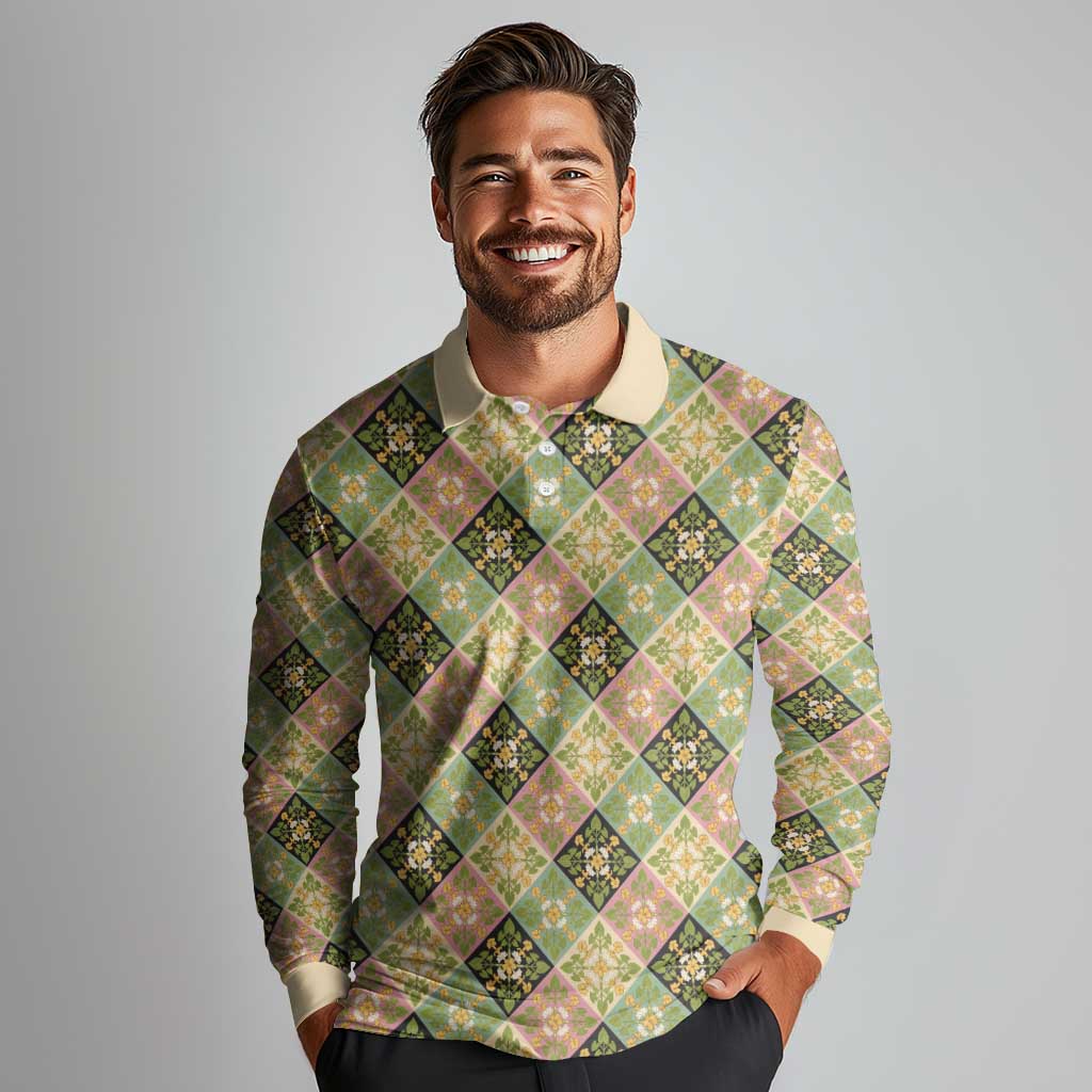 Seamless Pattern Puakenikeni and Kalo Long Sleeve Polo Shirt LT9 - Polynesian Pride