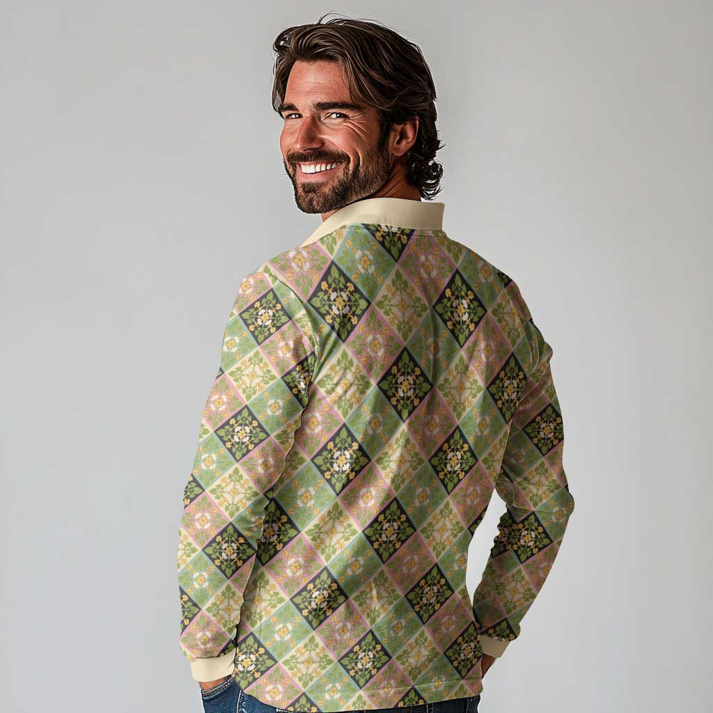 Seamless Pattern Puakenikeni and Kalo Long Sleeve Polo Shirt LT9 - Polynesian Pride