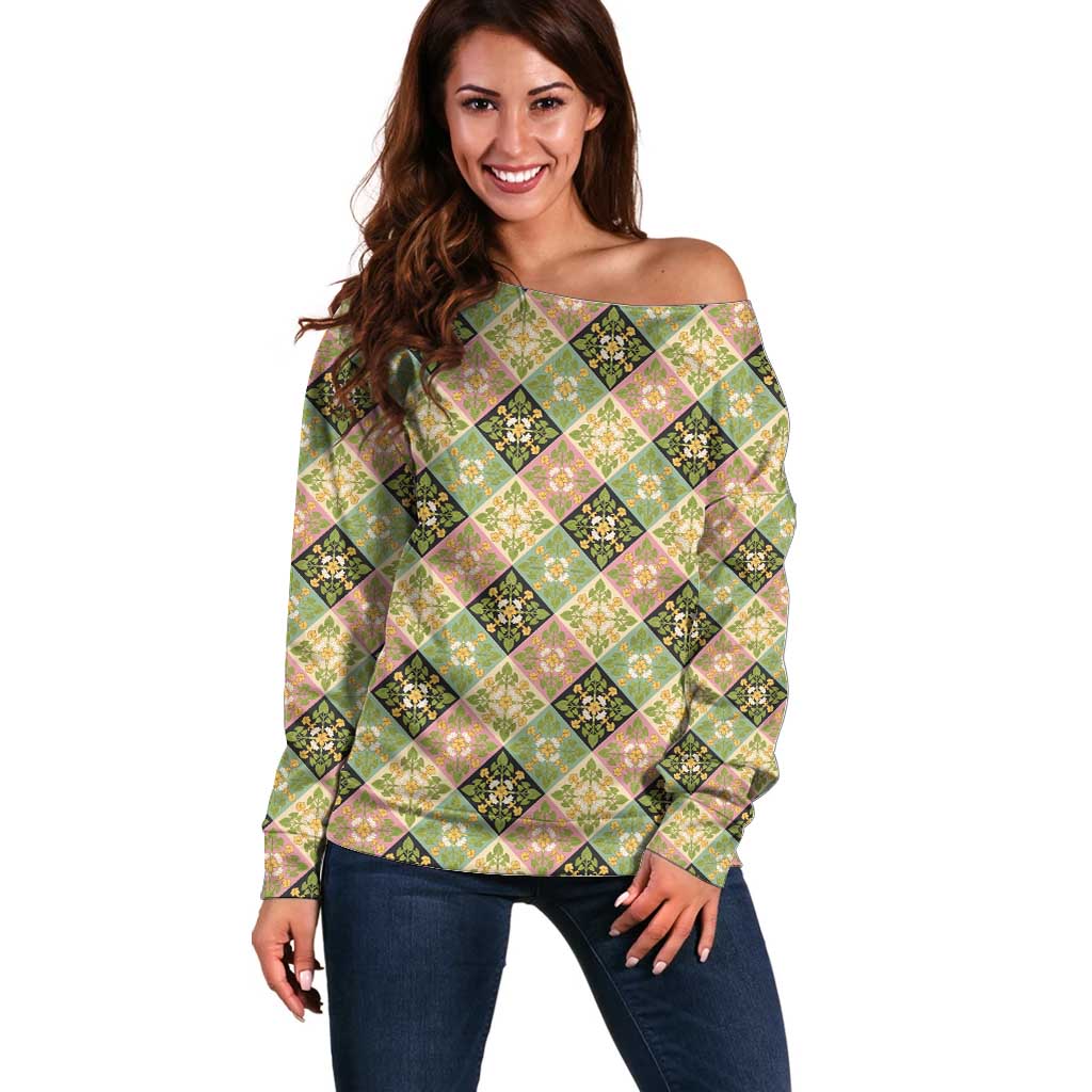 Seamless Pattern Puakenikeni and Kalo Off Shoulder Sweater - Polynesian Pride
