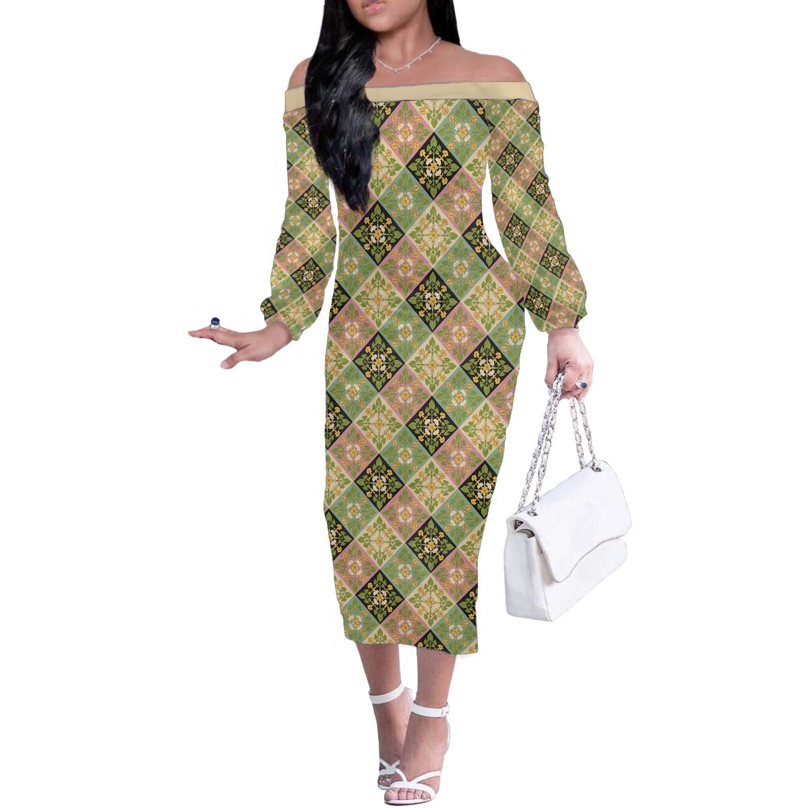 Seamless Pattern Puakenikeni and Kalo Off The Shoulder Long Sleeve Dress LT9 Women Beige - Polynesian Pride
