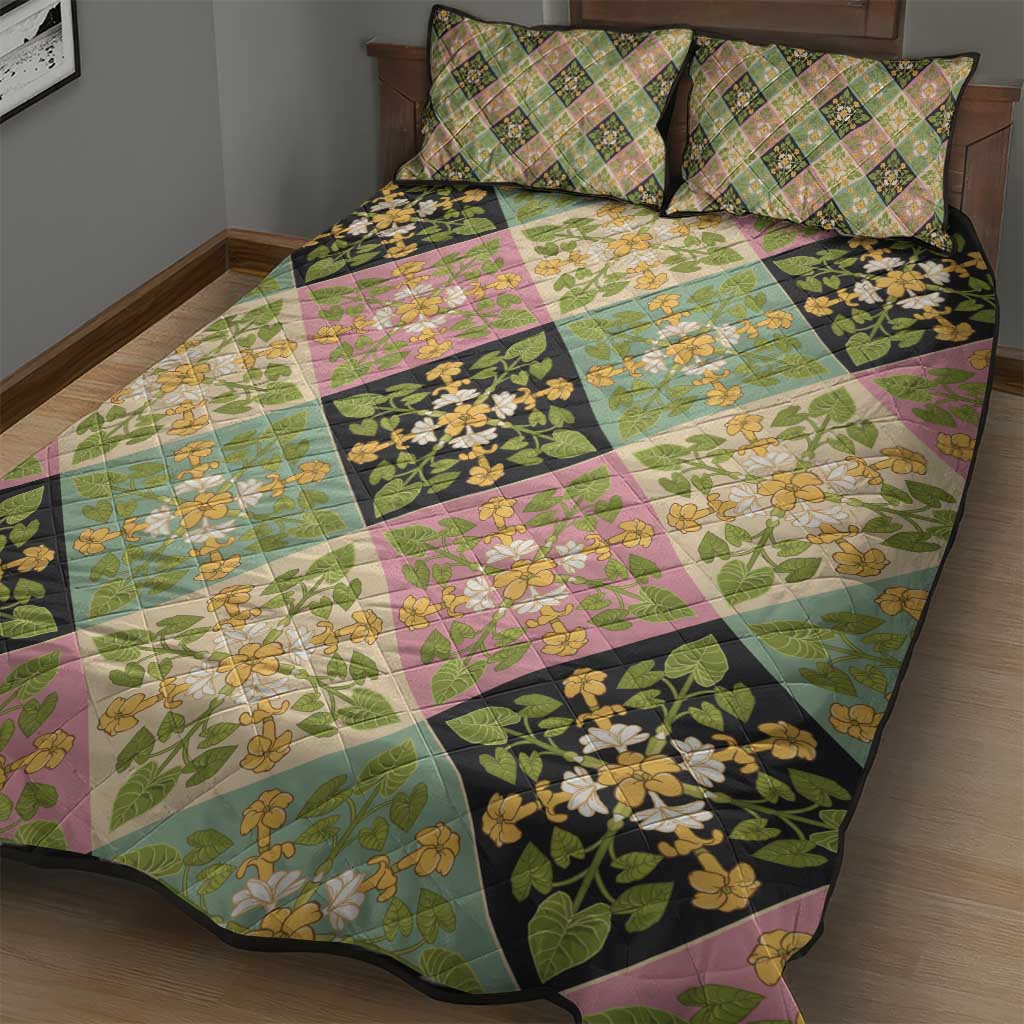 Seamless Pattern Puakenikeni and Kalo Quilt Bed Set - Polynesian Pride