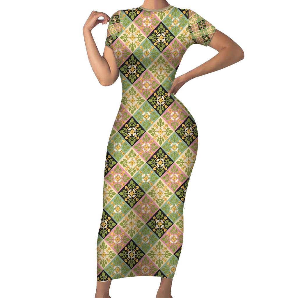 Seamless Pattern Puakenikeni and Kalo Short Sleeve Bodycon Dress LT9 Long Dress Beige - Polynesian Pride