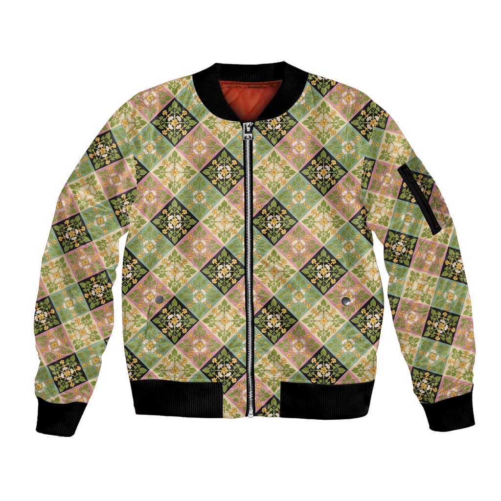 Seamless Pattern Puakenikeni and Kalo Sleeve Zip Bomber Jacket LT9 Unisex Beige - Polynesian Pride