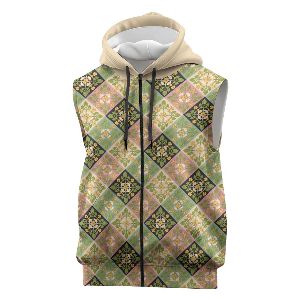 Seamless Pattern Puakenikeni and Kalo Sleeveless Zip Hoodie LT9 Beige - Polynesian Pride