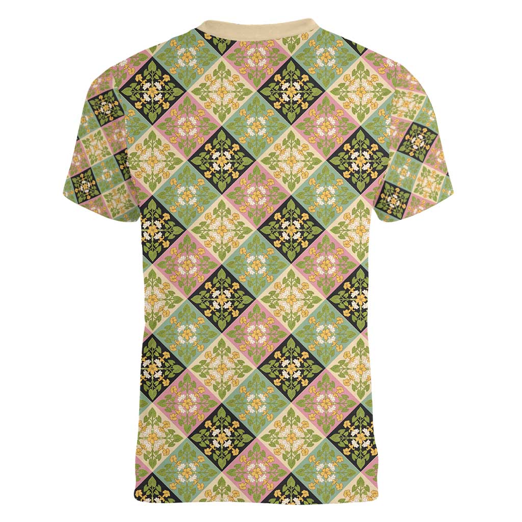 Seamless Pattern Puakenikeni and Kalo Women V-Neck T-Shirt - Polynesian Pride