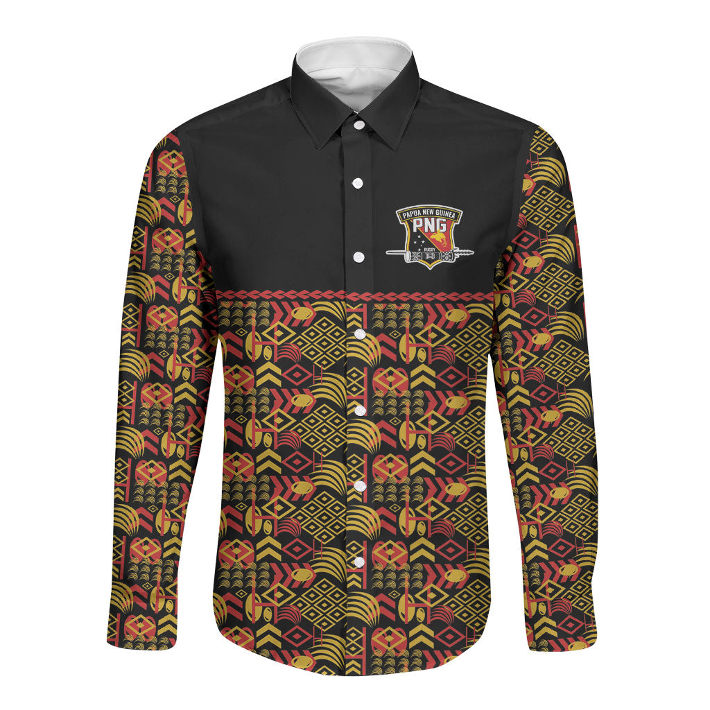 Papua New Guinea Kumuls Long Sleeve Button Shirt Bird of Paradise Black Version LT9 Unisex Black - Polynesian Pride