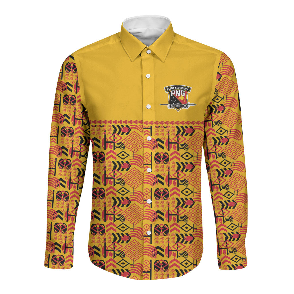 Papua New Guinea Kumuls Long Sleeve Button Shirt Bird of Paradise Gold Version LT9 Unisex Gold - Polynesian Pride