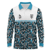 Fiji Bati Long Sleeve Polo Shirt Bati Island Warrior Geometry LT9 Blue - Polynesian Pride