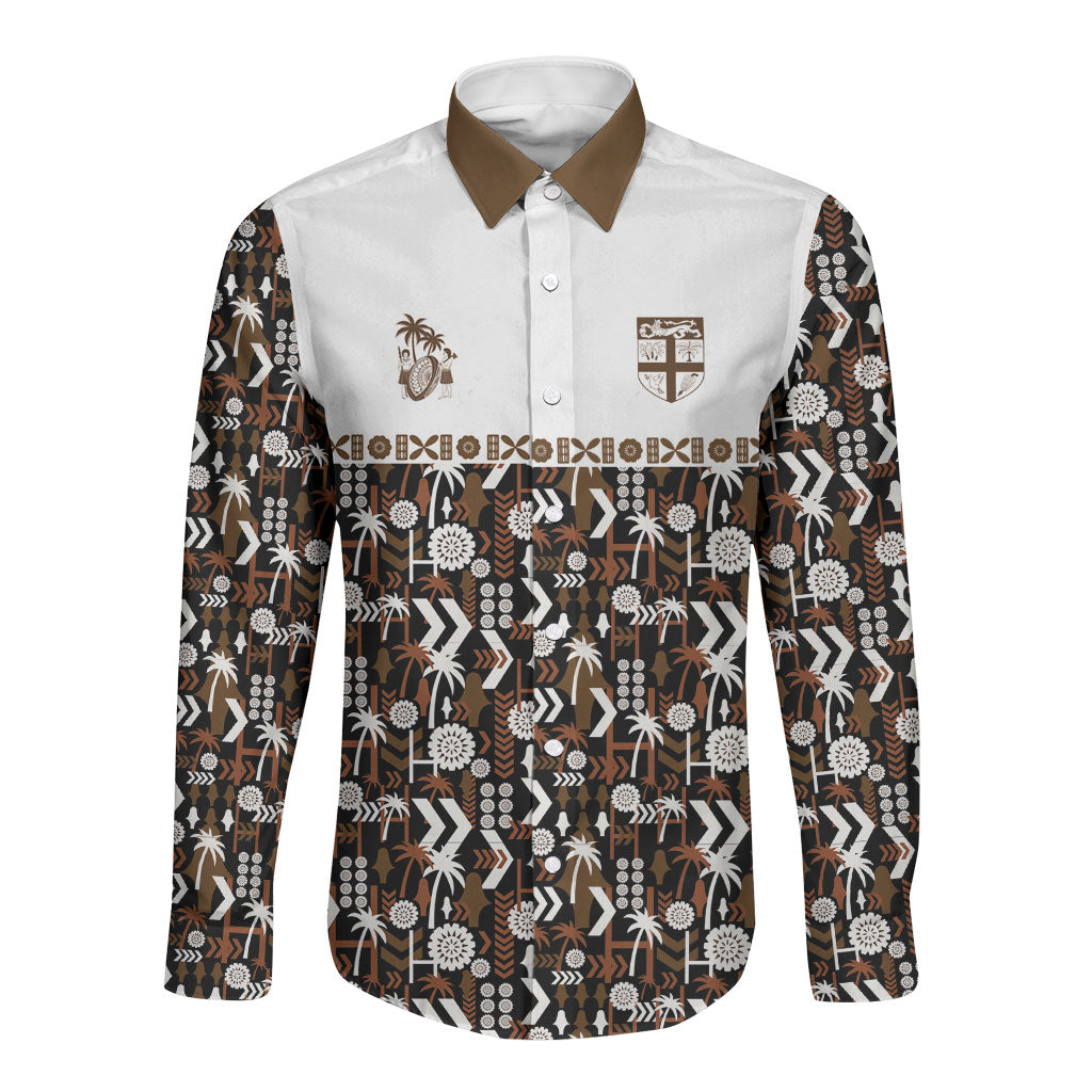Fiji Bati Long Sleeve Button Shirt Masi-inspired Tapa Pattern LT9 Unisex Brown - Polynesian Pride