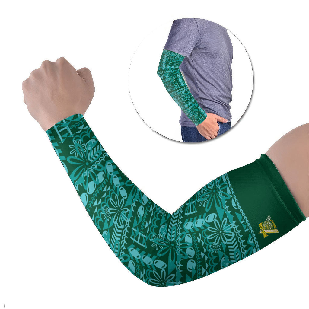 Cook Islands Island Floral Arm Sleeves Teal Traditional Kuki's Geometric Pattern