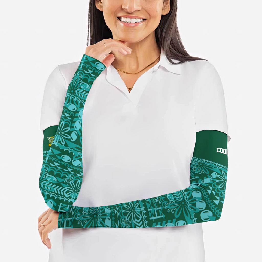 Cook Islands Island Floral Arm Sleeves Teal Traditional Kuki's Geometric Pattern