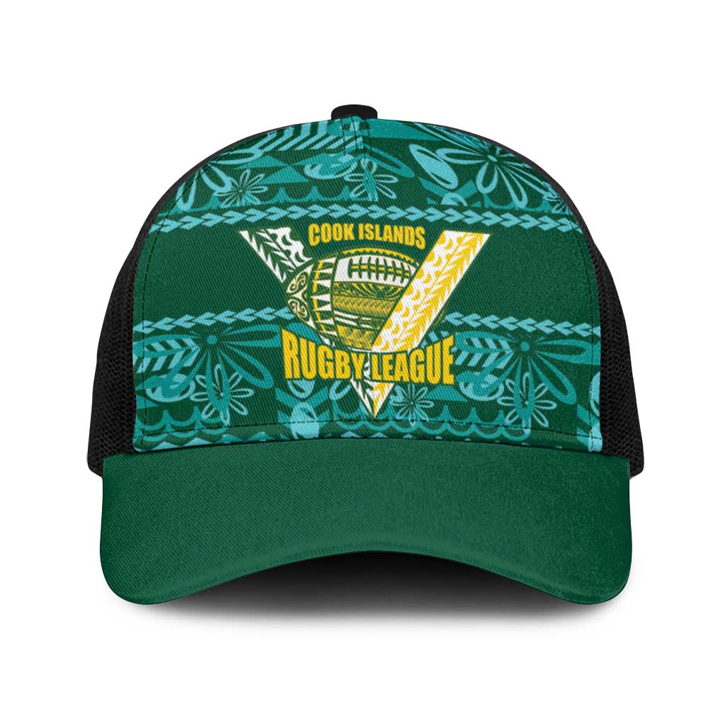 Cook Islands Island Floral Baseball Net Cap Teal Traditional Kuki's Geometric Pattern LT9 One Size Black Teal - Polynesian Pride