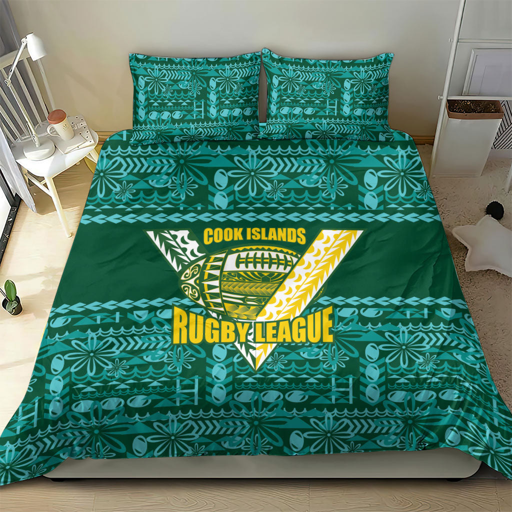 Cook Islands Island Floral Bedding Set Teal Traditional Kuki's Geometric Pattern