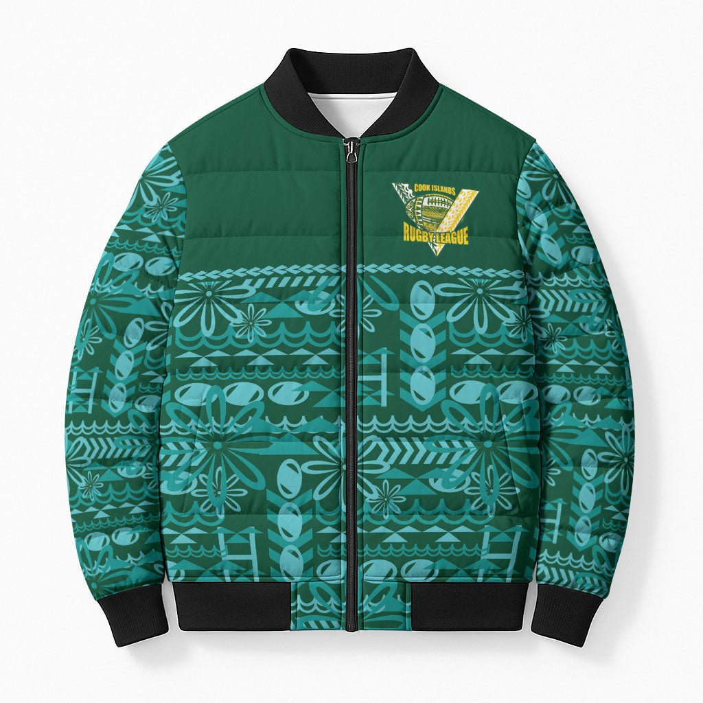 Cook Islands Island Floral Bomber Puffer Jacket Teal Traditional Kuki's Geometric Pattern