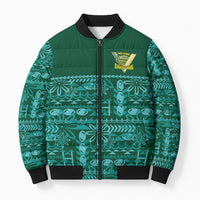 Cook Islands Island Floral Bomber Puffer Jacket Teal Traditional Kuki's Geometric Pattern