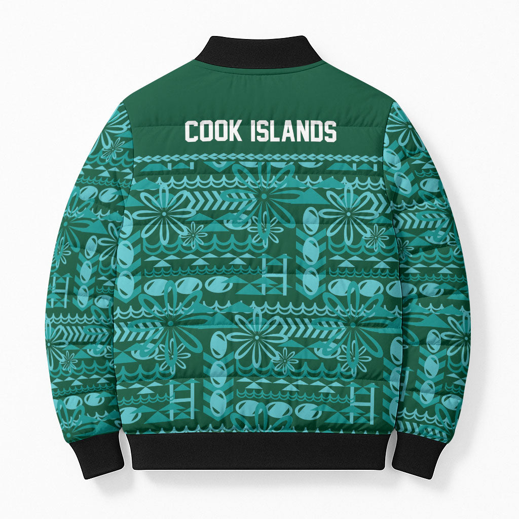 Cook Islands Island Floral Bomber Puffer Jacket Teal Traditional Kuki's Geometric Pattern