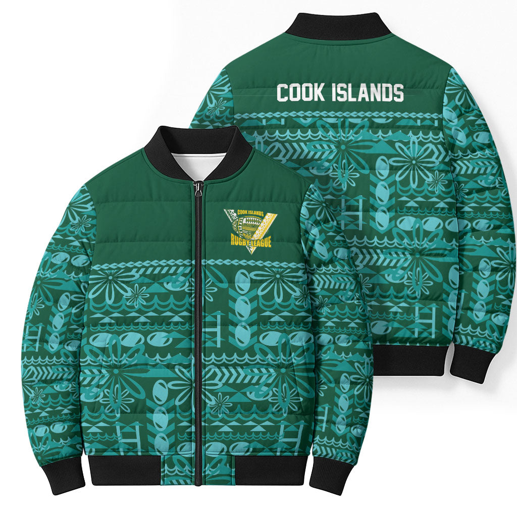 Cook Islands Island Floral Bomber Puffer Jacket Teal Traditional Kuki's Geometric Pattern