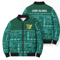 Cook Islands Island Floral Bomber Puffer Jacket Teal Traditional Kuki's Geometric Pattern