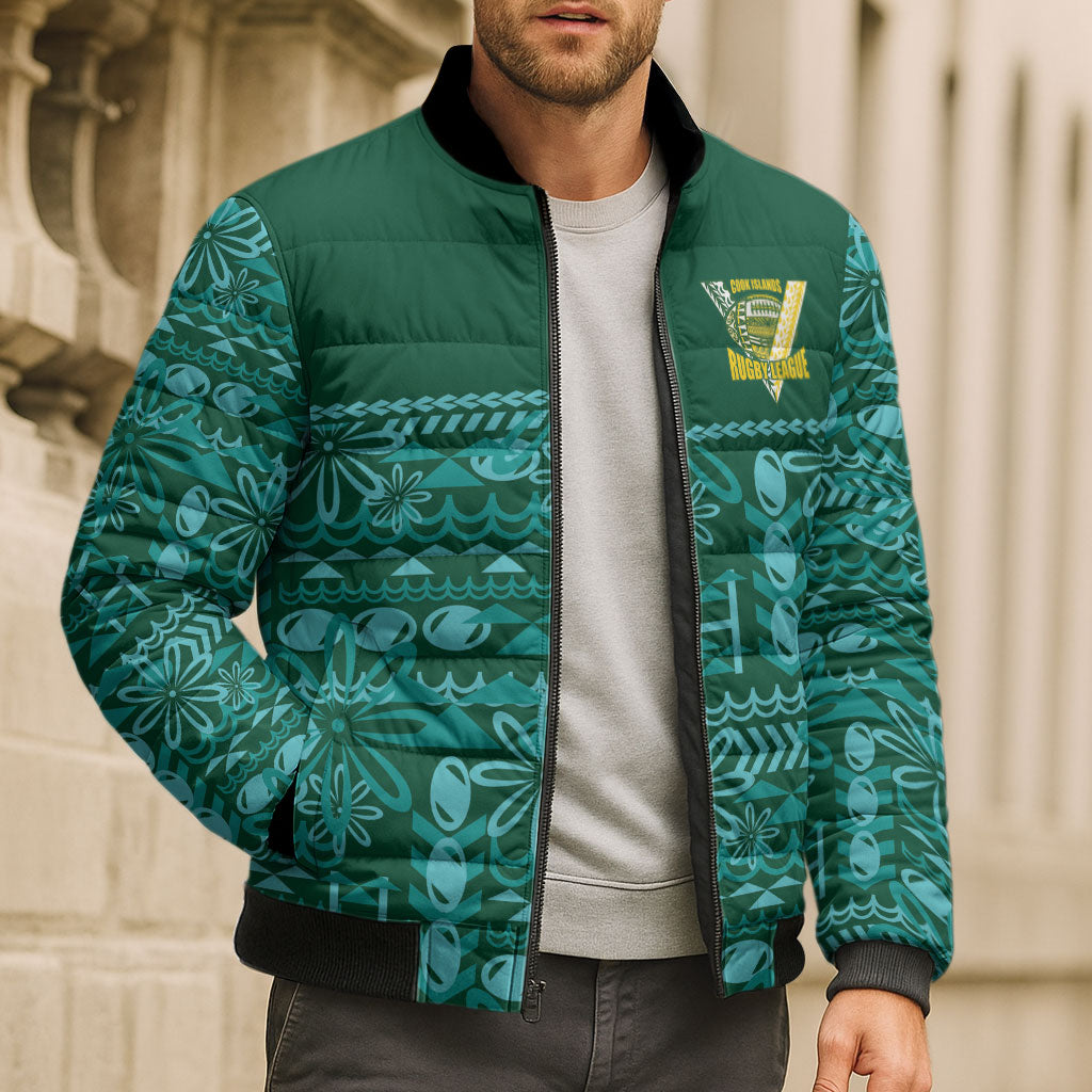 Cook Islands Island Floral Bomber Puffer Jacket Teal Traditional Kuki's Geometric Pattern